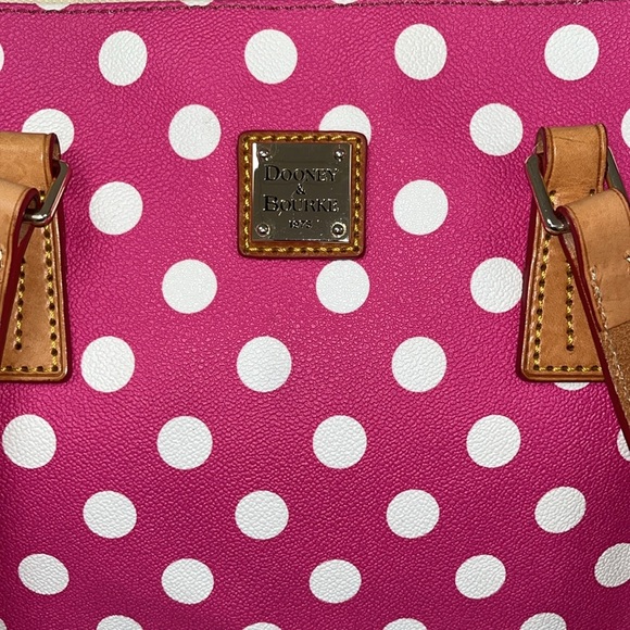 Dooney & Bourke large pink & white polka dots tote w/leather straps and trim. - Picture 2 of 9